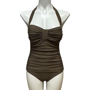 Tommy Bahama Relax Ruched Halter One Piece Swimsuit Beige Brown 8